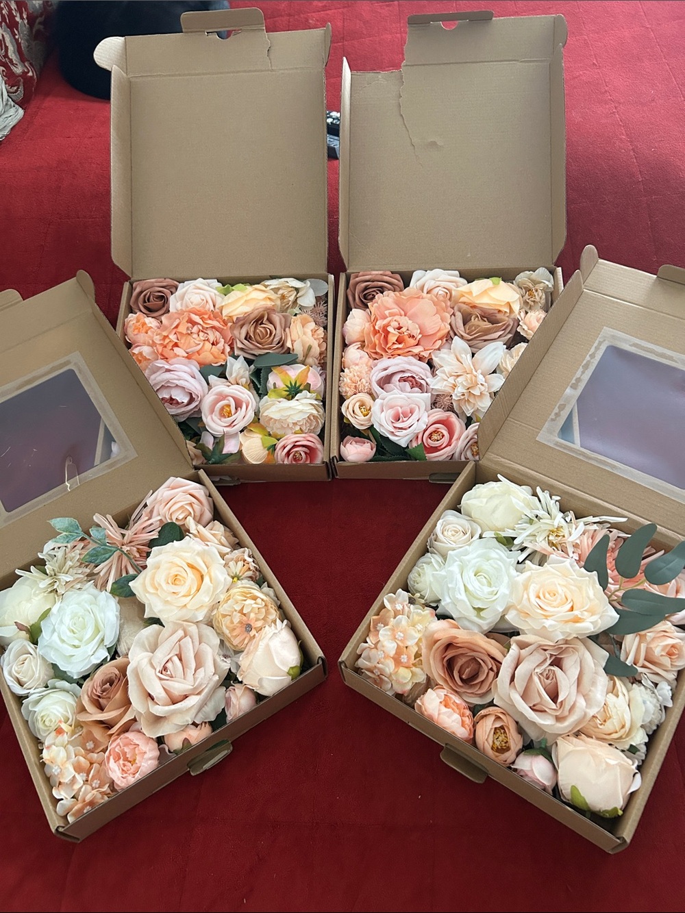 4 Boxes. 4 Assorted Peach & Cream Artificial Flower Box Sets